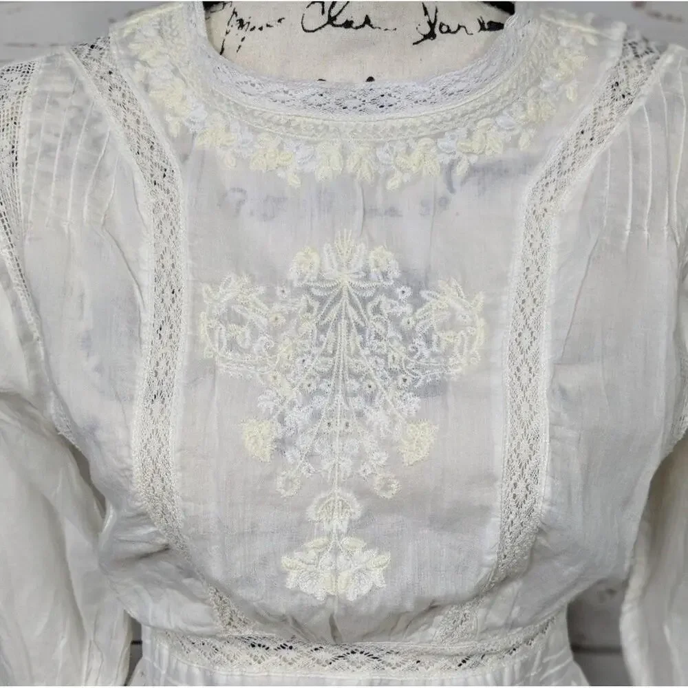 NWOT Free People Ivory Victorian Waisted CROCHET Mini Dress 2 Lace Cotton Womens